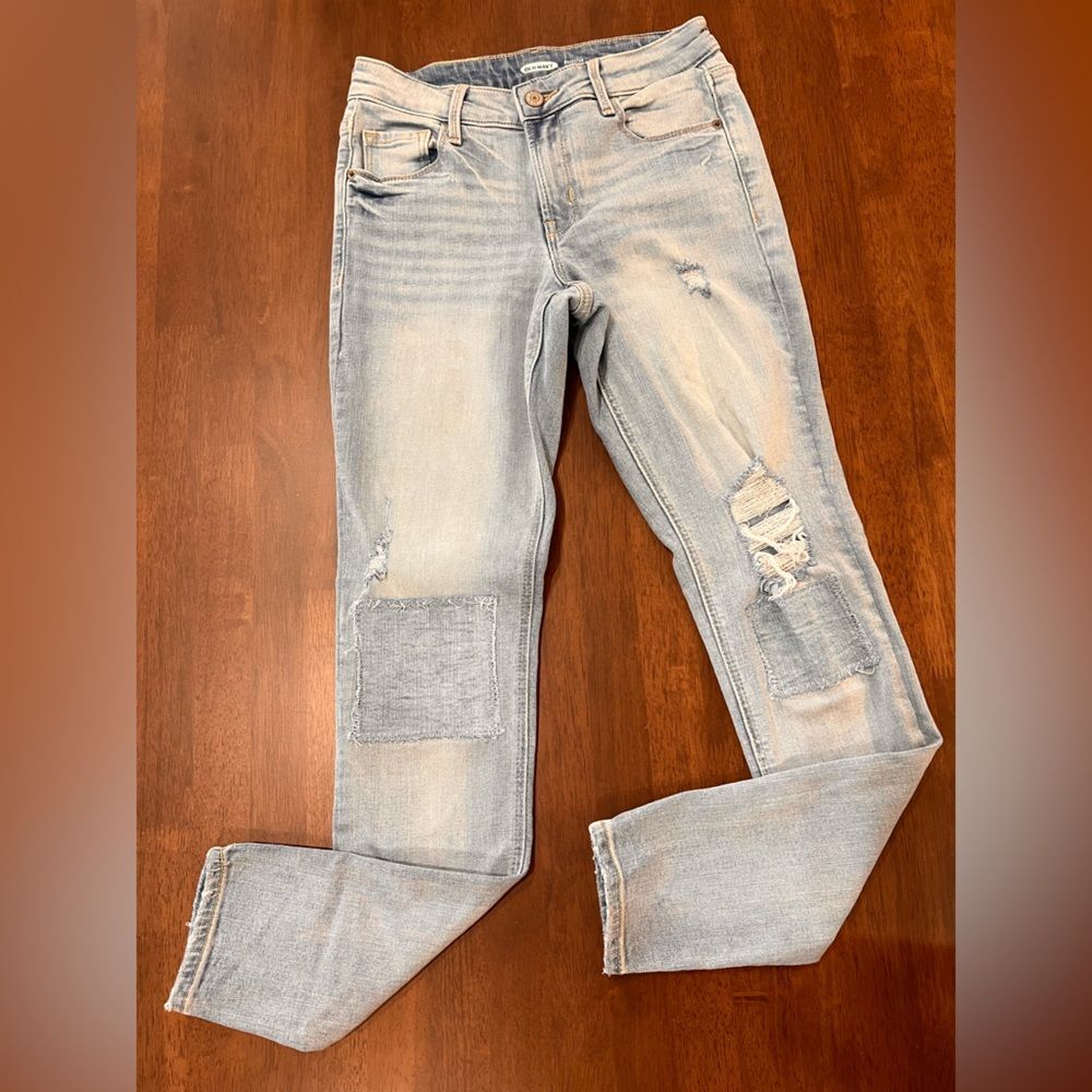 Old Navy Mid Rise Light Wash Distressed Patch Knee Super Skinny Jeans Women 0